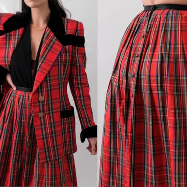 Vintage 80s Cullinane Red Tartan Plaid High Waisted Poof Skirt w/ Black Soutache Trim | Made in USA | 100% Cotton | 1980s Designer Skirt 