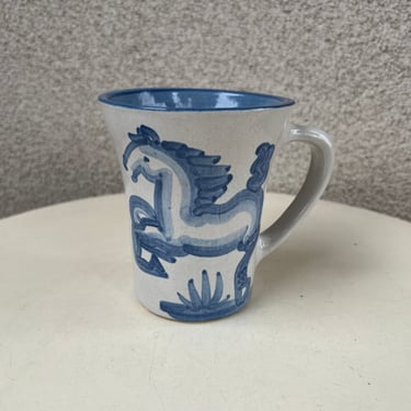 Vintage M.A. Hadley pottery flared shape mug blue white running horse holds 12 oz. 
