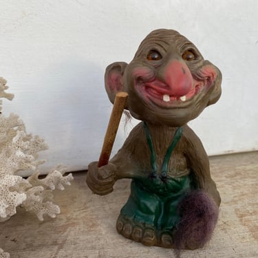 Vintage Bobble Head Troll, Holding Stick, Unmarked It's The Berries?, Troll Collector 