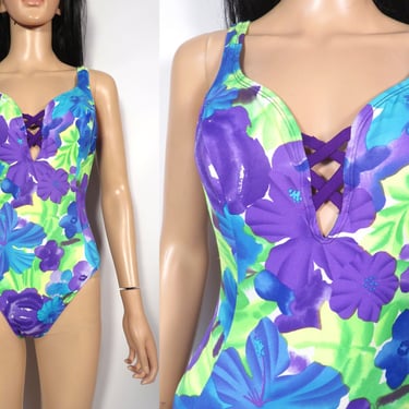 Vintage 90s Lime Green And Purple Flora One Piece Bathing Suit Size S 