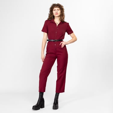 Petite Small 70s Wine Red Button Up Jumpsuit | Vintage Short Sleeve Retro Tapered Leg Coverall Pantsuit 