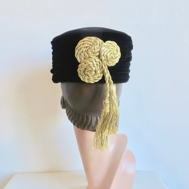 Vintage 1980's Adolfo II Black Wool and Pleated Velvet Metallic Gold Tassel Pillbox Hat 80's Millinery High Crown Formal Fez Style 