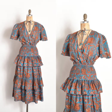 Vintage 1980s Dress / 80s Diane Freis Printed Italian Cotton Dress / Blue Brown ( S M L ) 