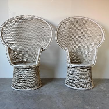 1970's Vintage Chic Palm Beach Peacock Rattan Chairs - A Pair 