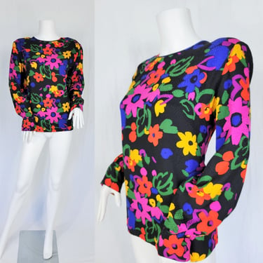 1980's Embossed Black Silk Neon Floral Print Blouse I Shirt I Top I Sz Lrg I Silk Works 