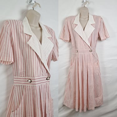 Vintage 80s Pink & White Stripe Dress, Size Large / Extra Large 