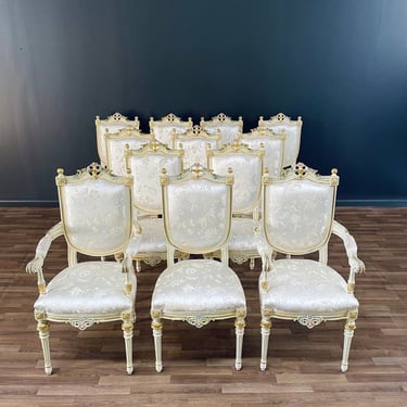 Set of 12 Italian French Louis XVI Style Painted & Parcel-Gilt Dining Chairs 