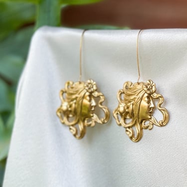 Victorian Art Nouveau earrings, vintage antique brass Mucha earrings, gold female face earrings, cottagecore dark academia handmade jewelry 