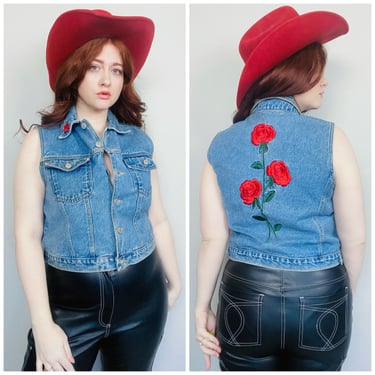 1990s Vintage Denim Cotton Vest / 90s Rose Embroidered Sleeveless Vest / Large 