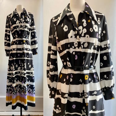 Vintage 60's 70's Mod HOSTESS MAXI Dress / ABSTRACT Print + Button Front + Dagger Collar / Butte Knit 