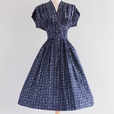 Gorgeous 1950's NEW LOOK Nettie Rosenstein Navy Silk Day Dress / ML