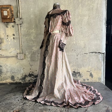 Antique Victorian Pink Floral Print Silk Dress Train Chantilly Lace Trim Vintage
