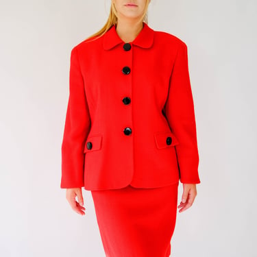 Vintage 80s Christian Dior Cherry Red Boucle Wool Skirt Suit w/ Large Black Enamel Buttons | Made in USA | 1980s DIOR Designer Power Suit 