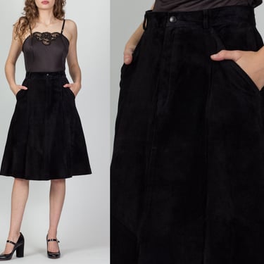 Vintage Boho Black Suede Midi Skirt - Medium, 28" | 70s 80s High Waisted Pocket Hippie Skirt 
