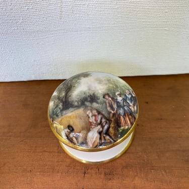 Vintage Staffordshire Ring Box, Pastoral, Amorous Couple, Colonial Theme, Bone China, Mini Jewelry Box, Trinkets 