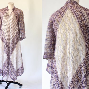 Vintage Angel Sleeve Indian Cotton Kaftan Dress - 1970s Lilac Block Print Caftan with Metallic Gold Thread- Medium 