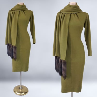 VINTAGE 1960s Lilli Diamond Olive Green Wool Wiggle Dress With Fur Tail Wrap 40B x 31W | 60s Hollywood Bombshell Dress | VFG 