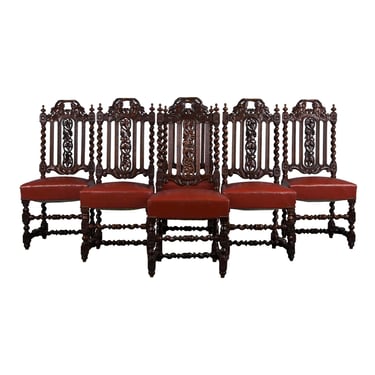 Antique French Renaissance Style Oak Barley Twist Dining Chairs W/ Red Leather - Set of 6 