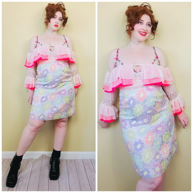 1990s Vintage Lord And Taylor Pastel Floral Mini Skirt / 90s High Waisted Daisy Viscose Skirt / Size Large 