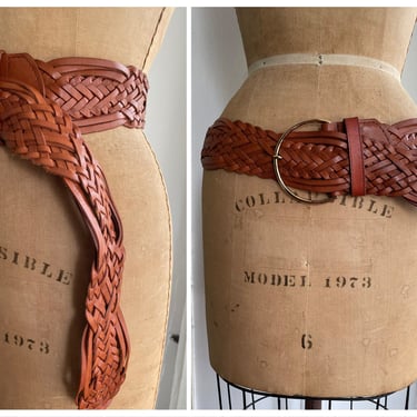 Vintage ‘90s Y2K wide braided belt, brown or cognac genuine leather, M/L fully adjustable 