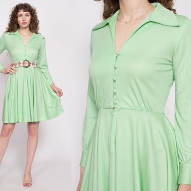70s Mint Green Mini Shirtdress - XS to Petite Small | Vintage Plain Collared Button Up Fit & Flare Dress 