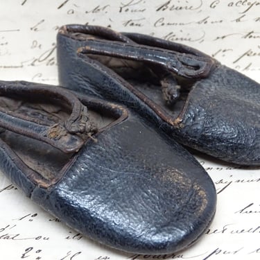 Antique 1800's Pair of Leather Baby Shoes,  Vintage Mexican Black Shoes 