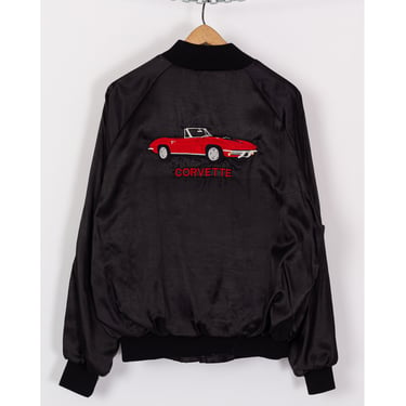 L| 80s Red Corvette Varsity Jacket - Men's Large | Vintage Black Snap Button Bomber Windbreaker 