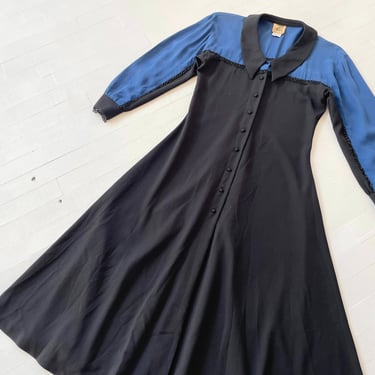 1990s Beaded Black + Blue Button Down Dress 