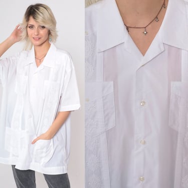 White Embroidered Shirt 90s Guayabera Style Pintuck Button Up Shirt Vintage Collared Pocket 1990s Retro Short Sleeve Men's Extra Large xl 