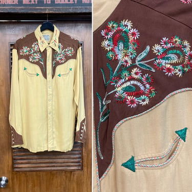 Vintage 1950’s “H Bar C” California Ranchwear Western Cowboy Rayon Gabardine Rockabilly Shirt, 50’s Vintage Clothing 