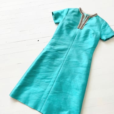 1960s Turquoise Satin Dress with Embellished Rhinestone Neckline 