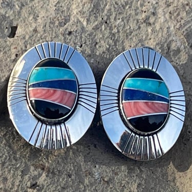 Vintage Native American Sterling Silver and Stone Inlay Oval Clip On Earrings 