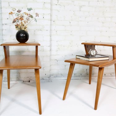 Vintage mcm pair of Heywood Wakefield solid maple nightstands end tables | Free delivery in NYC and Hudson Valley areas 