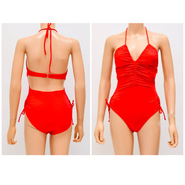 Vintage 70s Sexy Red Swimsuit SMALL One Piece Cut out Ruched Swim Suit Size Small Red Halter Neck Cut Out Sexy 70s 80s One Piece Swimsuit 