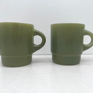 Pair of Vintage Anchor Hocking Fire King Ware Milk Glass Green Coffee Tea Mugs | Made in USA 