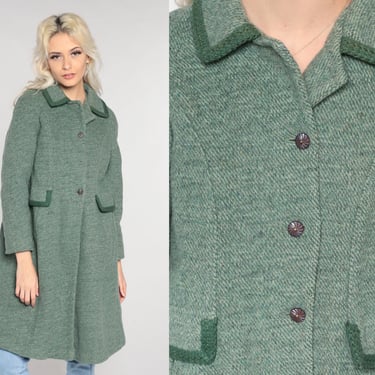 60s Wool Coat Green Peacoat Mod Fleece Lined Jacket Retro Button up Winter Pea Coat Trench Preppy Sixties 1960s Jacket Jackie O Small S 