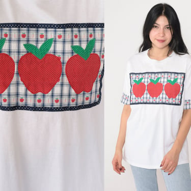 Apple T-Shirt 90s Quilted Shirt Plaid Patchwork Quilt Graphic Tee Cuffed Sleeve TShirt Retro Grannycore White Vintage 1990s Jerzees Large L 
