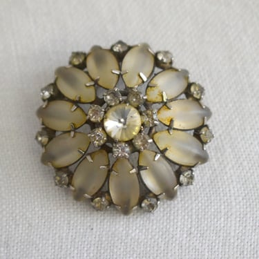 1950s Smoky Frosted Glass and Rhinestone Brooch 