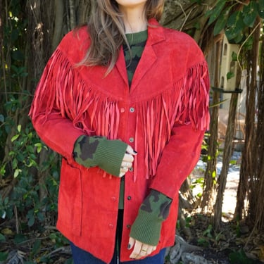 Red Leather Fringe Jacket / Oversized Fringe Suede Jacket / 1990's Leather Suede Jacket / Western Wear / Eighties Nineties Jacket 