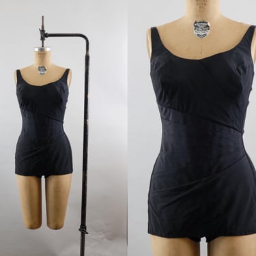 50s Ruched Pinup Swimsuit - Black One Piece - Size 16 / 38 B Cup - Roxanne Perfection Fit - Metal Zip 