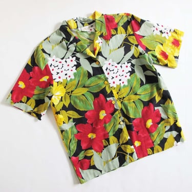 Vintage 90s Hawaiian Shirt M - Womens Floral Hawaiian Shirt - Tropical Leaf Print Short Sleeve Button Up - Tiki Clothing 