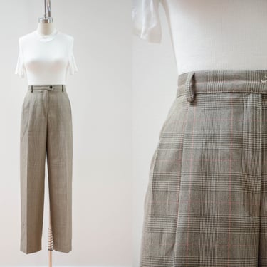 high waisted pants | 80s 90s vintage beige red black houndstooth plaid checkered pleated dark academia trousers 