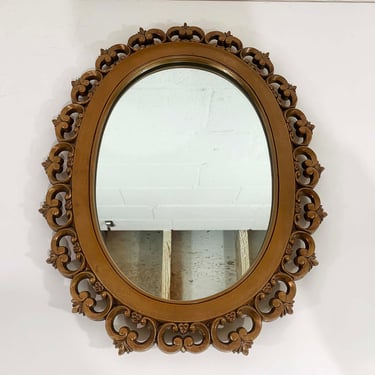 Vintage Syroco Romanesque Mirror Baroque Gold Oval Wooden Wood Frame Mid-Century Victorian Flowers Framed Wall Hanging 1950s 