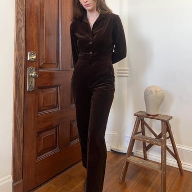 70’s vintage chocolate brown velvet coveralls jumpsuit 