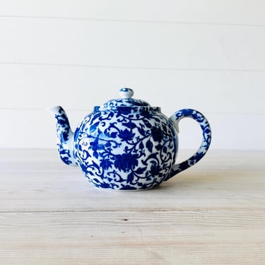 Williams Sonoma Cobalt Blue and White Floral Teapot 