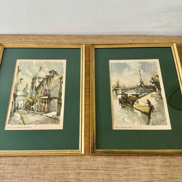 Vintage Paris Watercolors Framed & Signed - Eiffel Tower and Rue de Chevalier Montmartre - Set of 2 