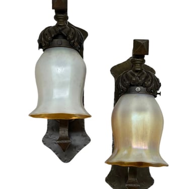 Pair Antique Brass Arts and Crafts Wall Sconces with (Steuben) Glass Shades ca 1905 #2256 