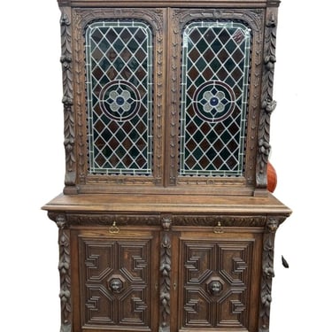Antique Sideboard, Buffet Server, Dutch Stained Glass Sideboard, Foliage, 1800s!