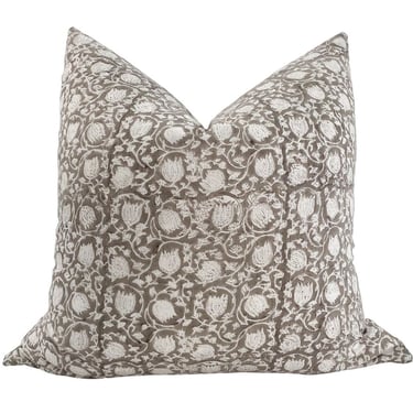 Greige Floral Original Block Print Pillow