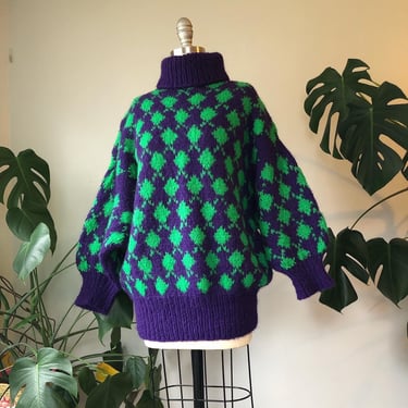 Vintage 80's Purple and Green Diamond WOOL Turtleneck Sweater / 1980's Wool Sweater / XS Small Medium by Ru